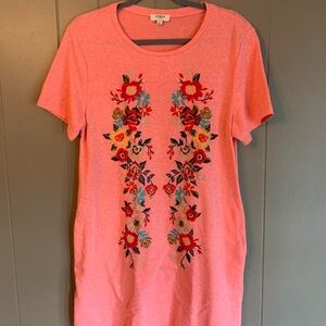 Umgee Coral Floral Embroidered Tee Shirt Dress